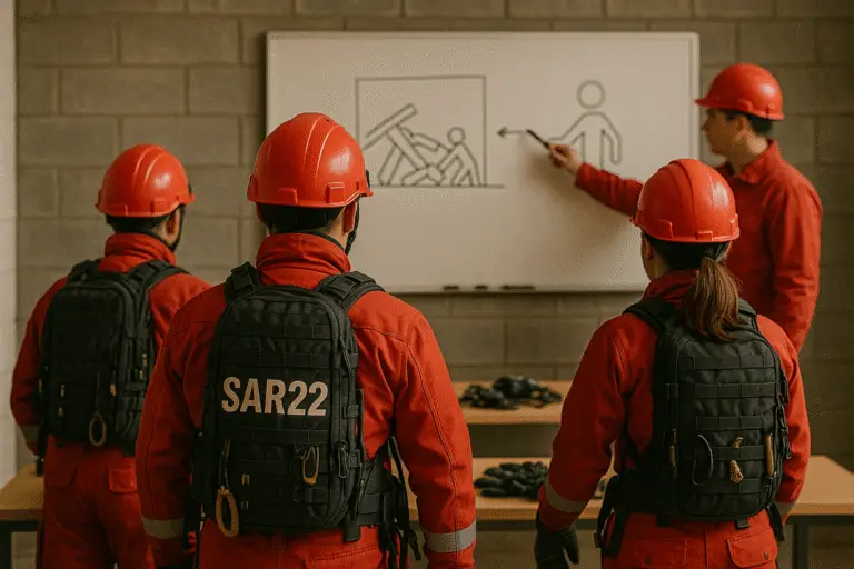 Ne Yapiyoruz SAR22 arama kurtarma gönüllüleri, afet müdahalesi öncesi teorik ve uygulamalı eğitim sırasında ekip koordinasyonu üzerine çalışıyor.
