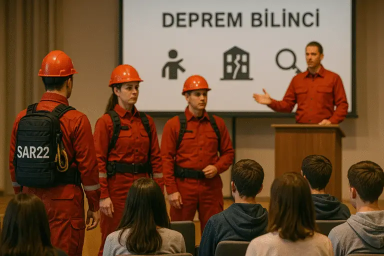 Ne Yapiyoruz SAR22 arama kurtarma ekibi, öğrencilere deprem bilinci ve afet farkındalığı konusunda konferans veriyor.