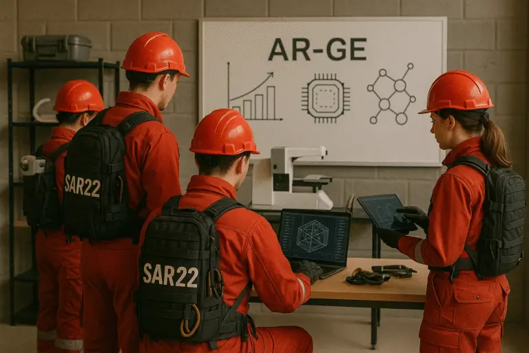 Ne Yapiyoruz SAR22 Ar-Ge ekibi, afet yönetiminde kullanılacak yeni arama kurtarma teknolojileri ve saha destek sistemleri üzerine çalışıyor.
